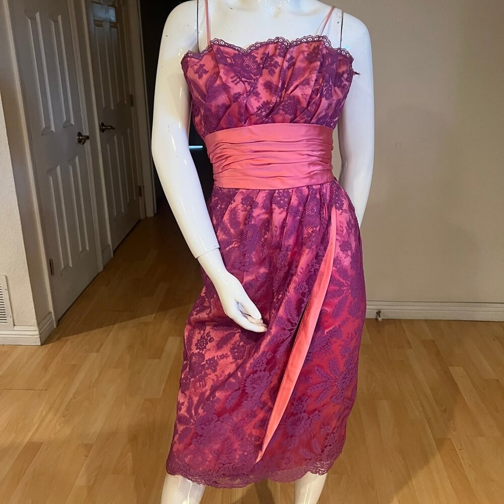 50'S VINTAGE CEIL CHAPMAN LACE TAFFETA RUCHED WAIST DRESS SIZE 4-6